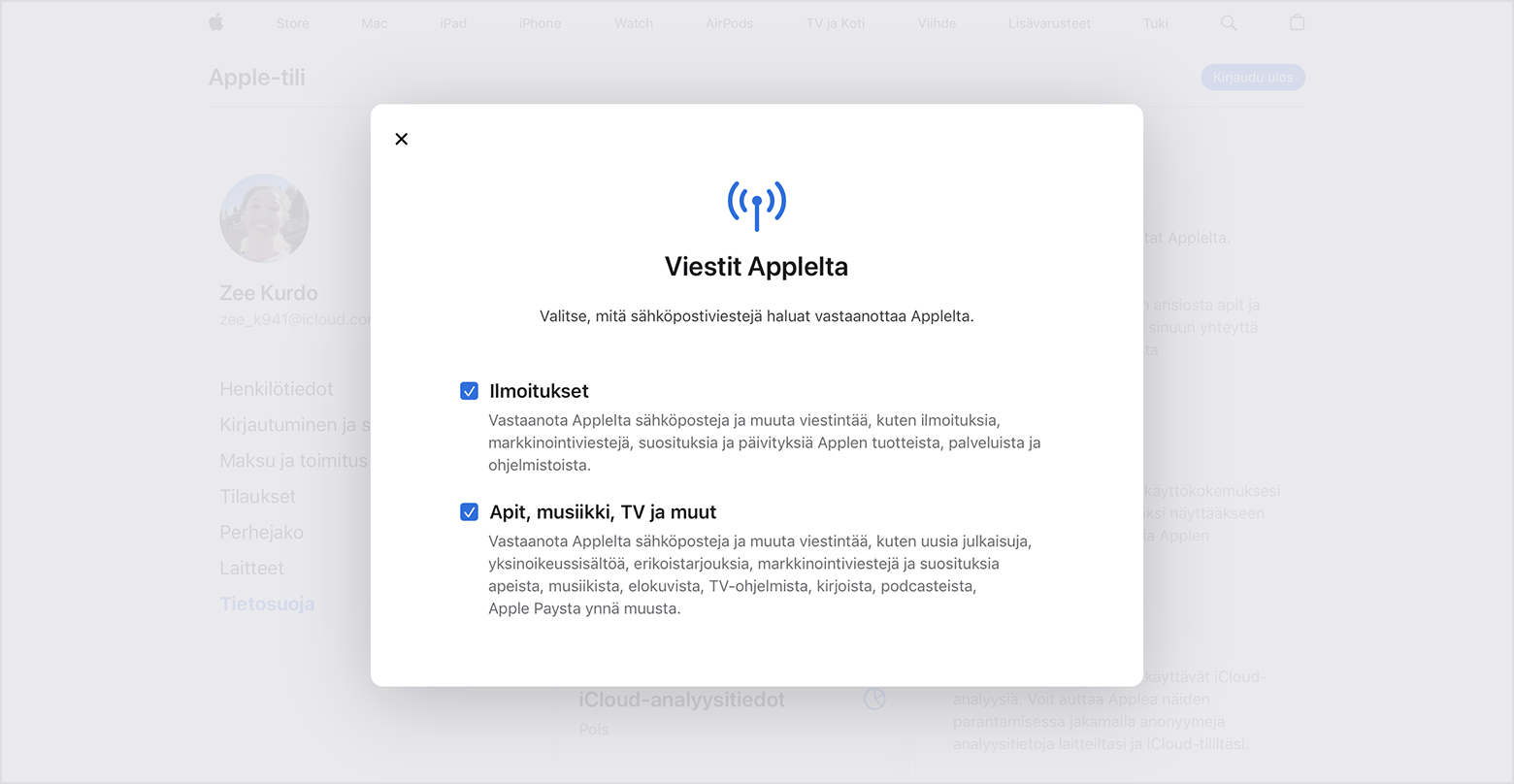 Apple-tili-sivusto, jossa näkyy, minkälaisia sähköposteja voit tilata