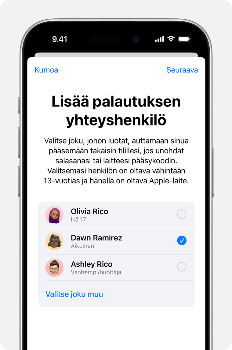 iPhone, jossa näkyvät yhteyshenkilöt, jotka voi lisätä palautuksen yhteyshenkilöksi