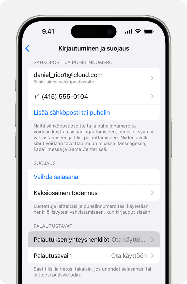 iPhone, jossa näkyy Apple-tilin asetukset ja ohjeet palautuksen yhteyshenkilön lisäämiseen