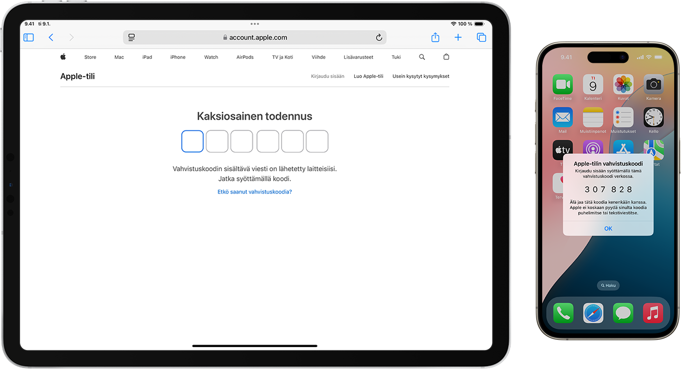 Verkkosivusto, jossa pyydetään kuusinumeroista vahvistuskoodia, ja iPhone, jossa näkyy kuusinumeroinen vahvistuskoodi