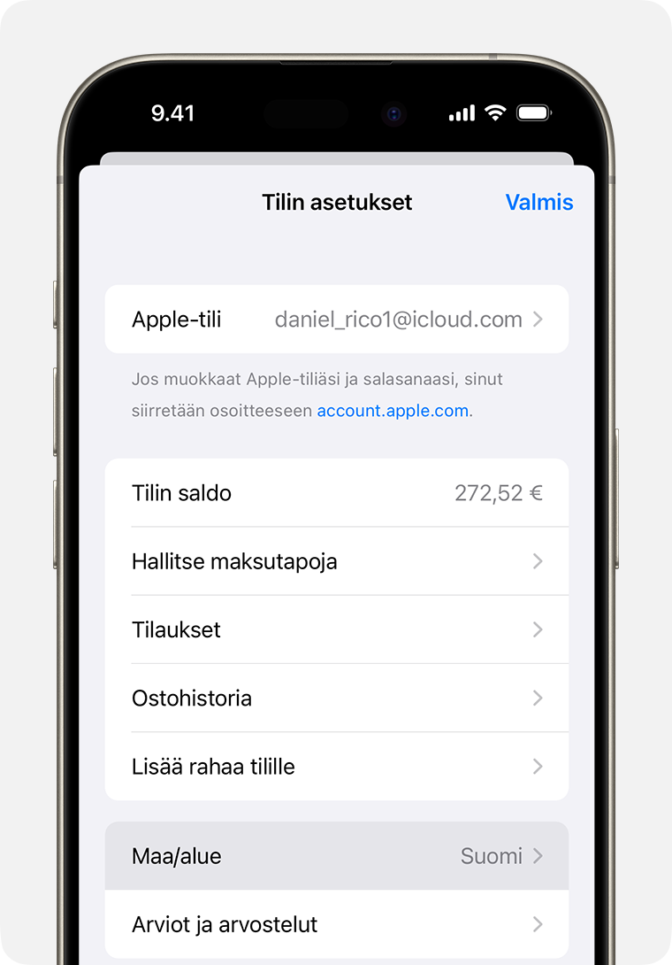 iPhonessa näkyy Tilin asetusten Maa/alue