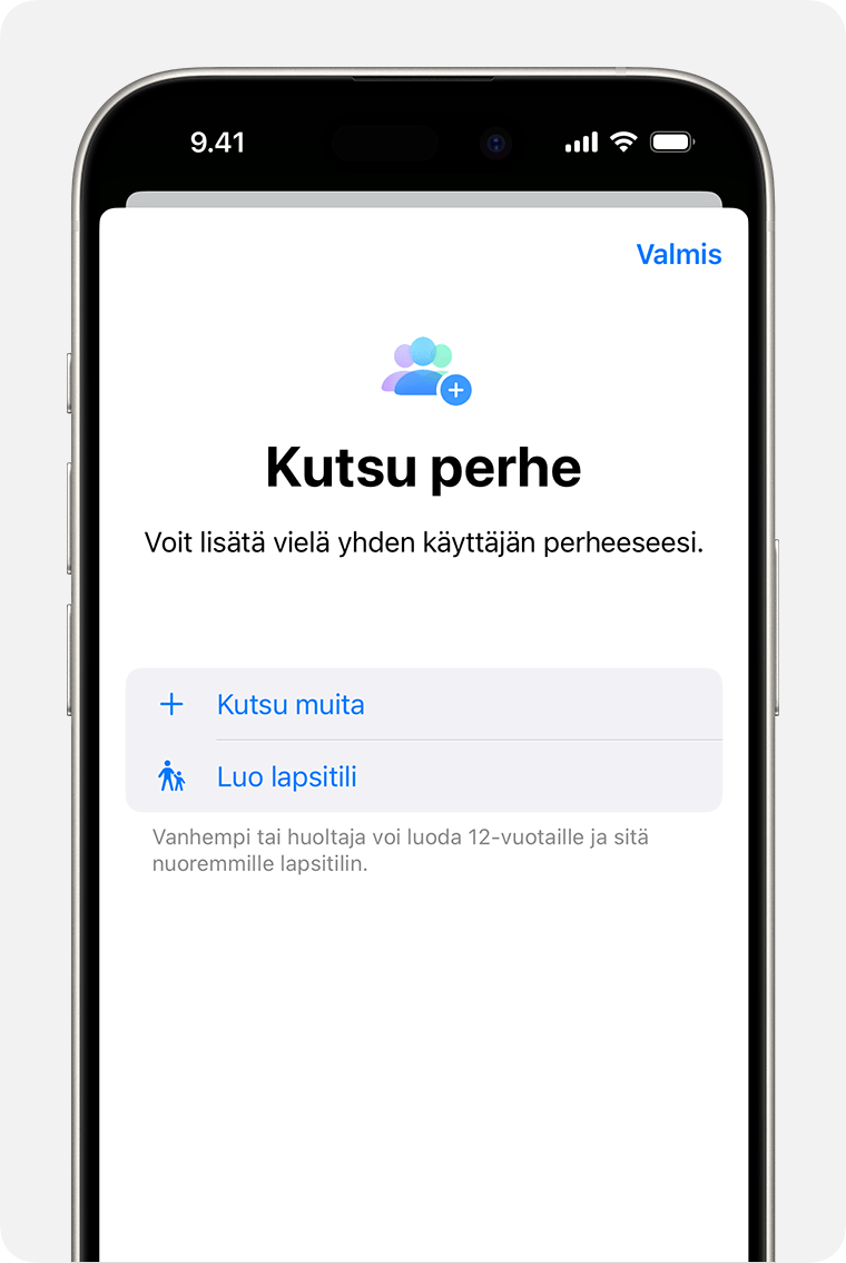 iPhone, jossa näkyy Perhejako-kutsu, mukaan lukien mahdollisuus luoda lapselle tili