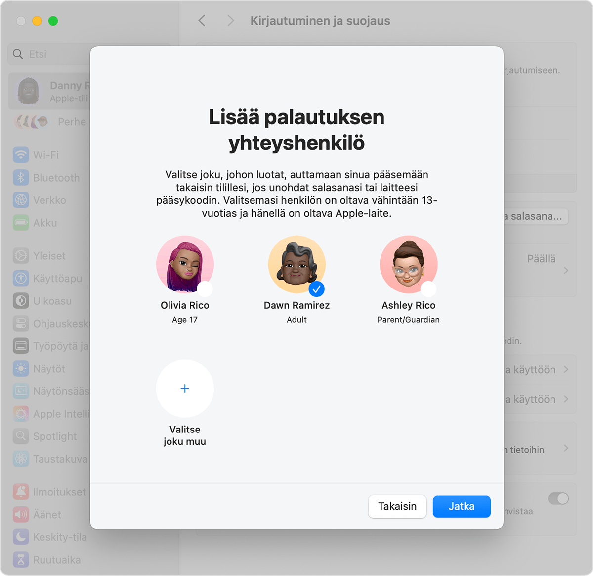 Mac, jossa näkyvät yhteyshenkilöt, jotka voi lisätä palautuksen yhteyshenkilöksi