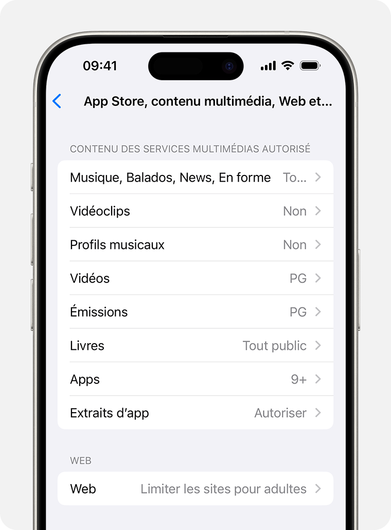 Écran d’iPhone affichant les options de restriction de contenu