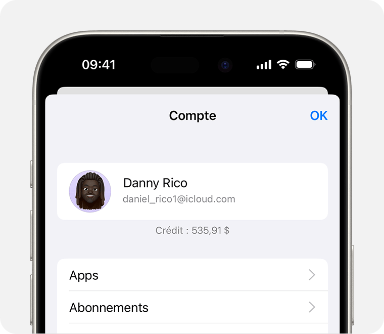 L’écran Compte dans l’App Store sur iOS, avec le solde du compte affiché.