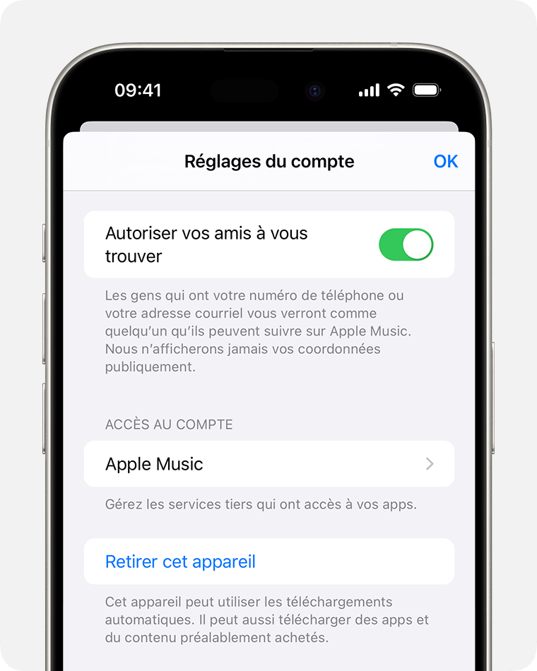 iPhone affichant Réglages du compte et l’option Supprimer cet appareil.