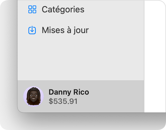 Dans l’App Store sur macOS, le solde du compte s’affiche au bas de la barre latérale.