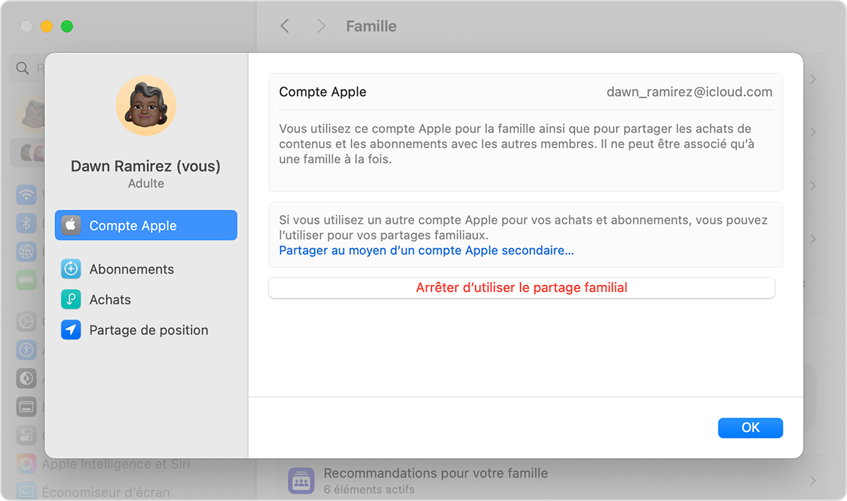 Écran Mac affichant l’étape pour arrêter d’utiliser le partage familial.