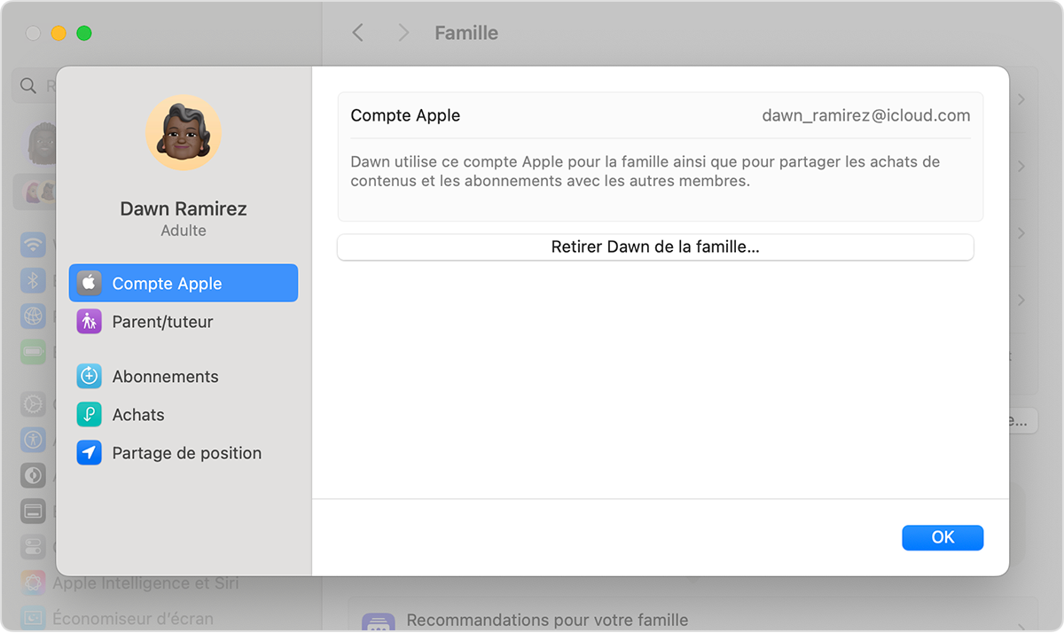 Écran Mac affichant l’étape pour supprimer une personne de votre groupe de partage familial.