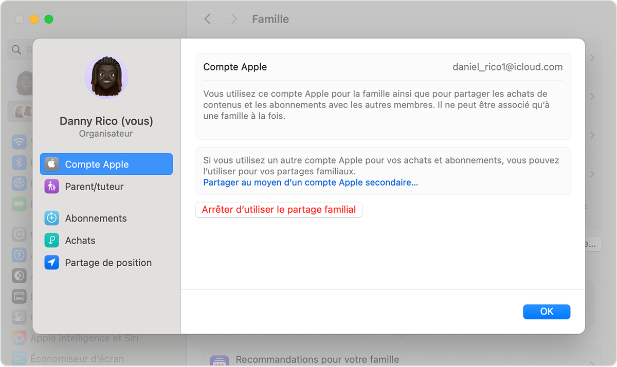 Écran Mac affichant l’étape pour dissoudre un groupe de partage familial.