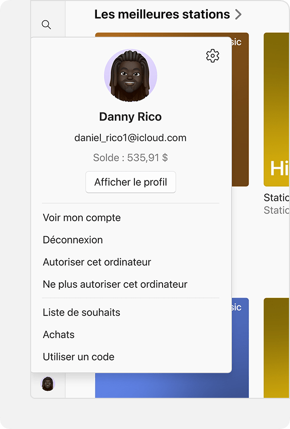 Le menu Compte dans Apple Music pour Windows, avec le solde du compte affiché.