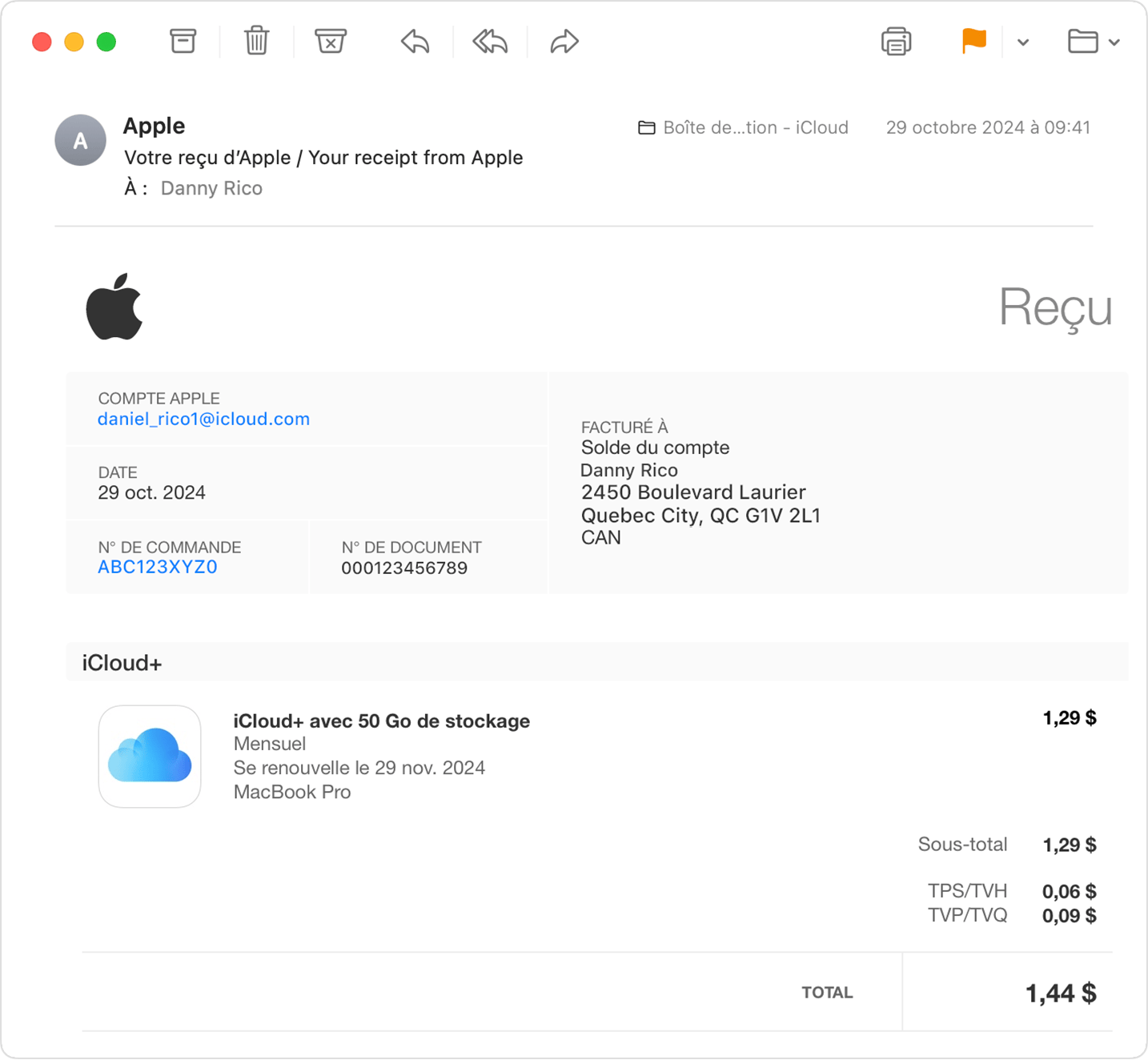 Courriel de reçu d’Apple. Le compte Apple associé à l’achat est affiché avec les informations de facturation.