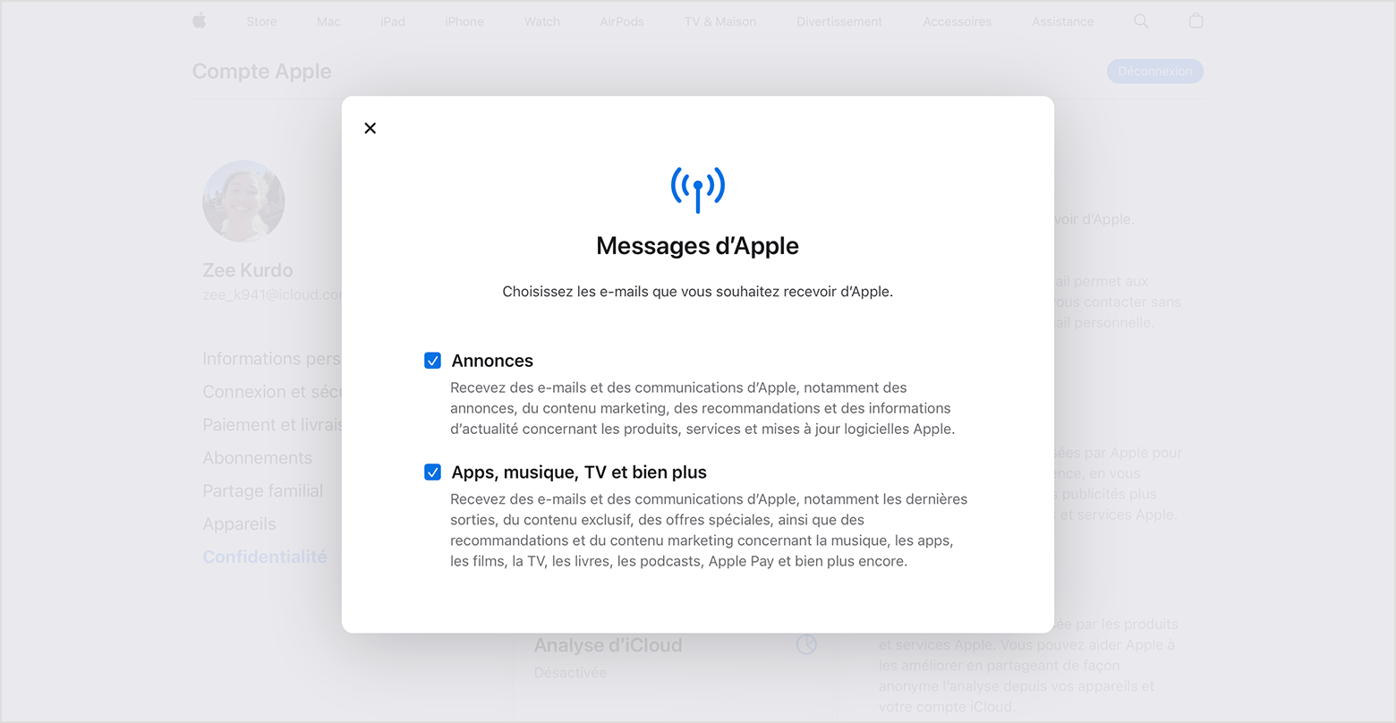 Une fenêtre du site web Compte Apple affichant les types d’e-mails auxquels vous pouvez vous abonner