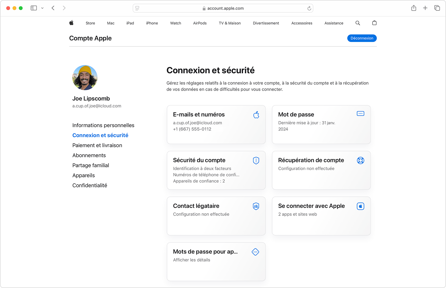 Page d’un compte Apple sur le Web montrant la section Connexion et sécurité