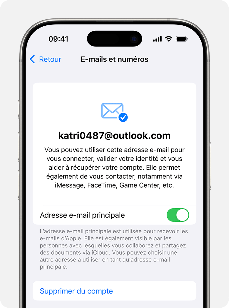 iPhone affichant les réglages du compte Apple et les options de modification de l’adresse e-mail principale