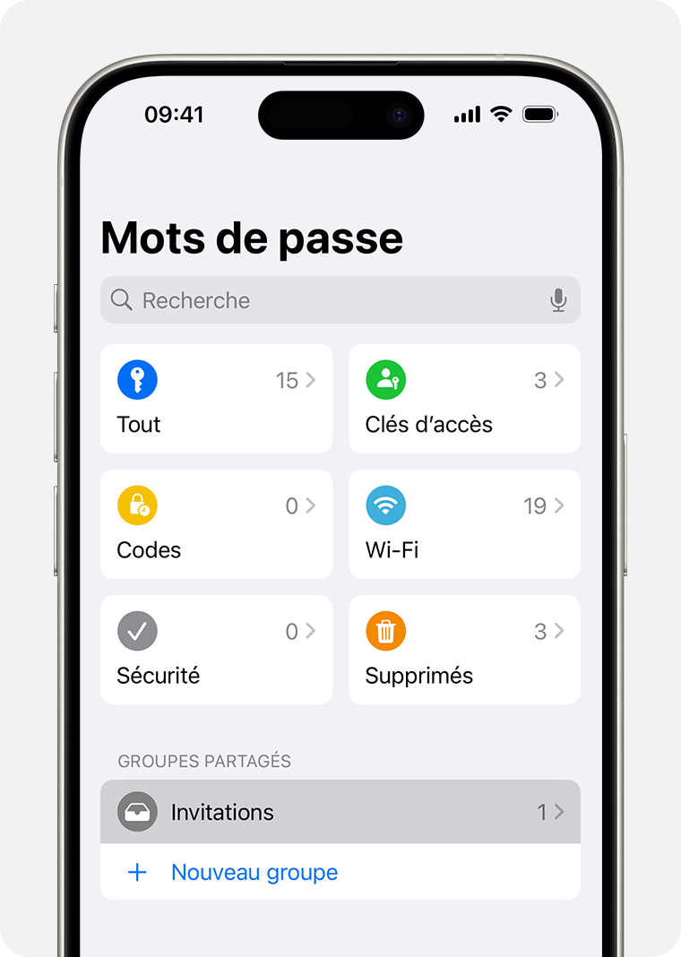 Dans l’app Mots de passe, sélectionner Invitations pour afficher les invitations à des groupes partagés.