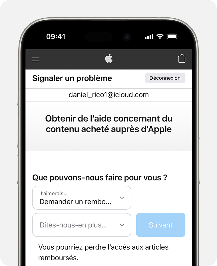 iPhone affichant le site web « Signaler un problème » sur lequel vous pouvez demander un remboursement. Après avoir choisi « Demander un remboursement », indiquez le motif de votre demande.