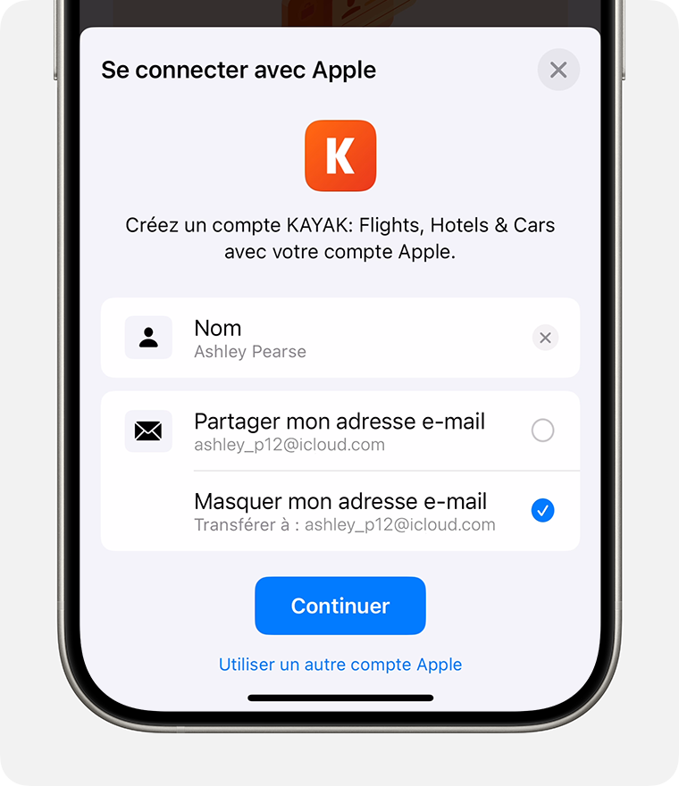 Écran de connexion d’iPhone montrant les options Partager mon adresse e-mail et Masquer mon adresse e-mail