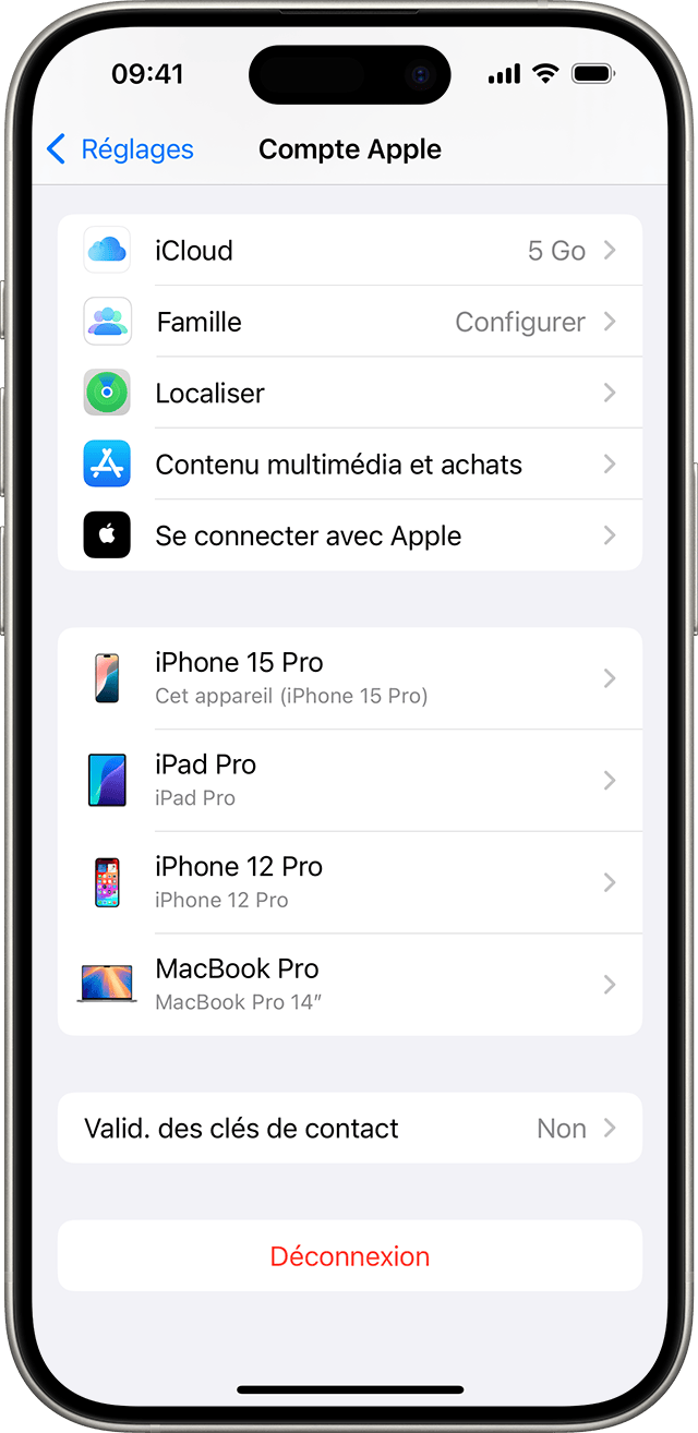 Réglages de l'iPhone affichant une liste d'appareils