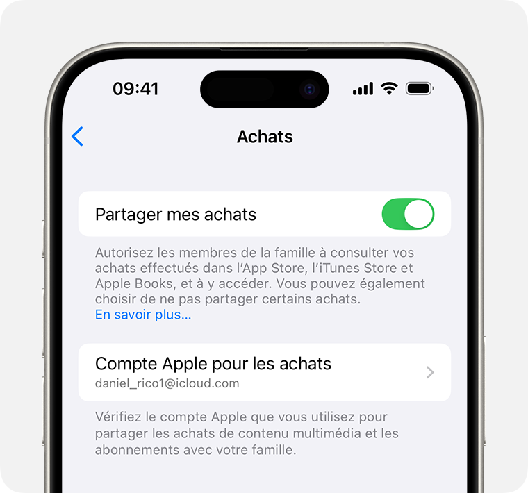 Écran d’iPhone montrant comment activer Partager mes achats.