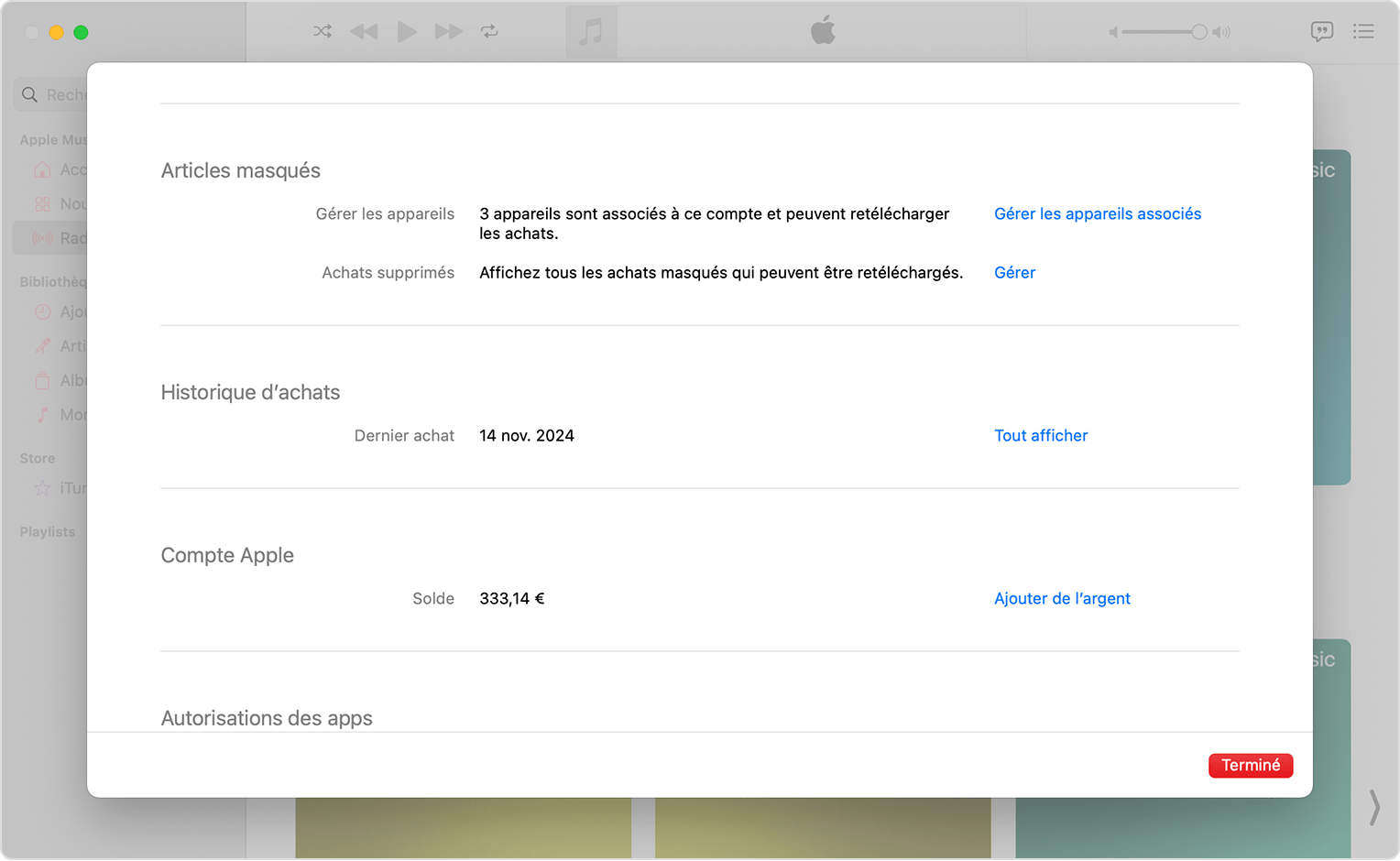 App Musique sur Mac affichant les réglages du compte et l’option Gérer les appareils associés