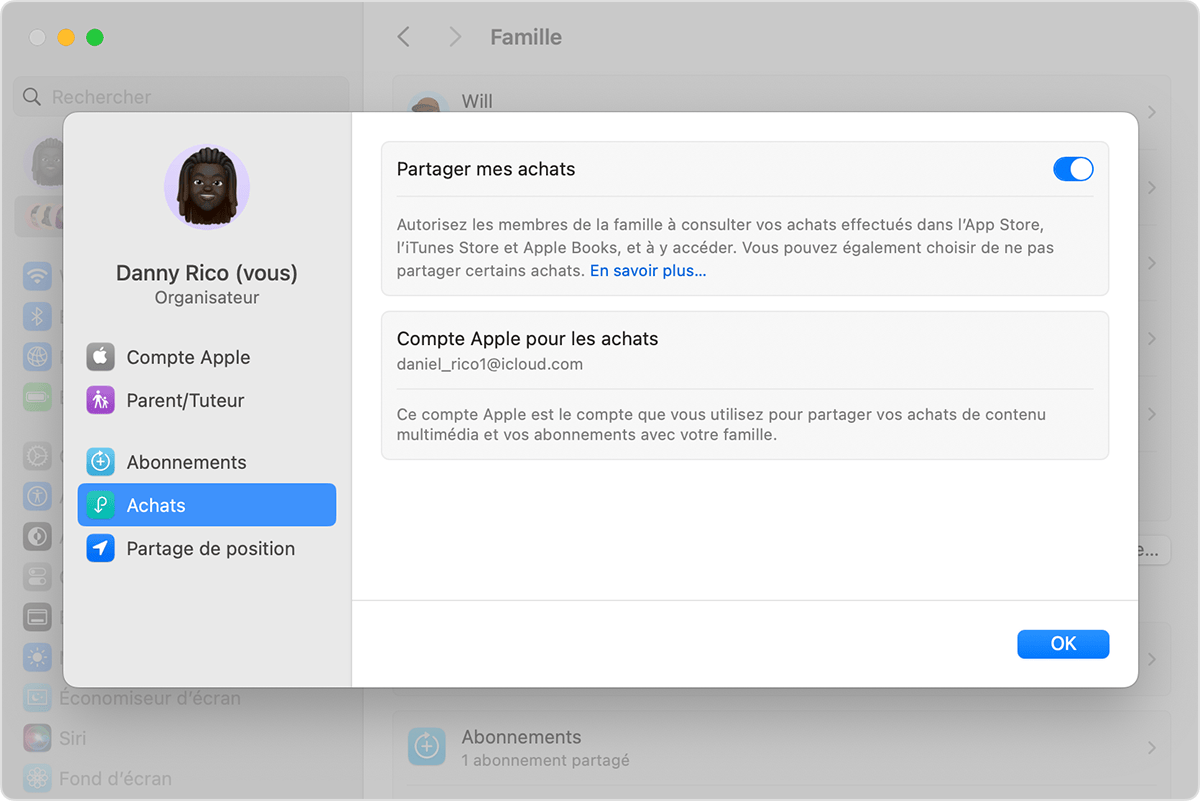 Écran d’un Mac montrant comment activer Partager mes achats.