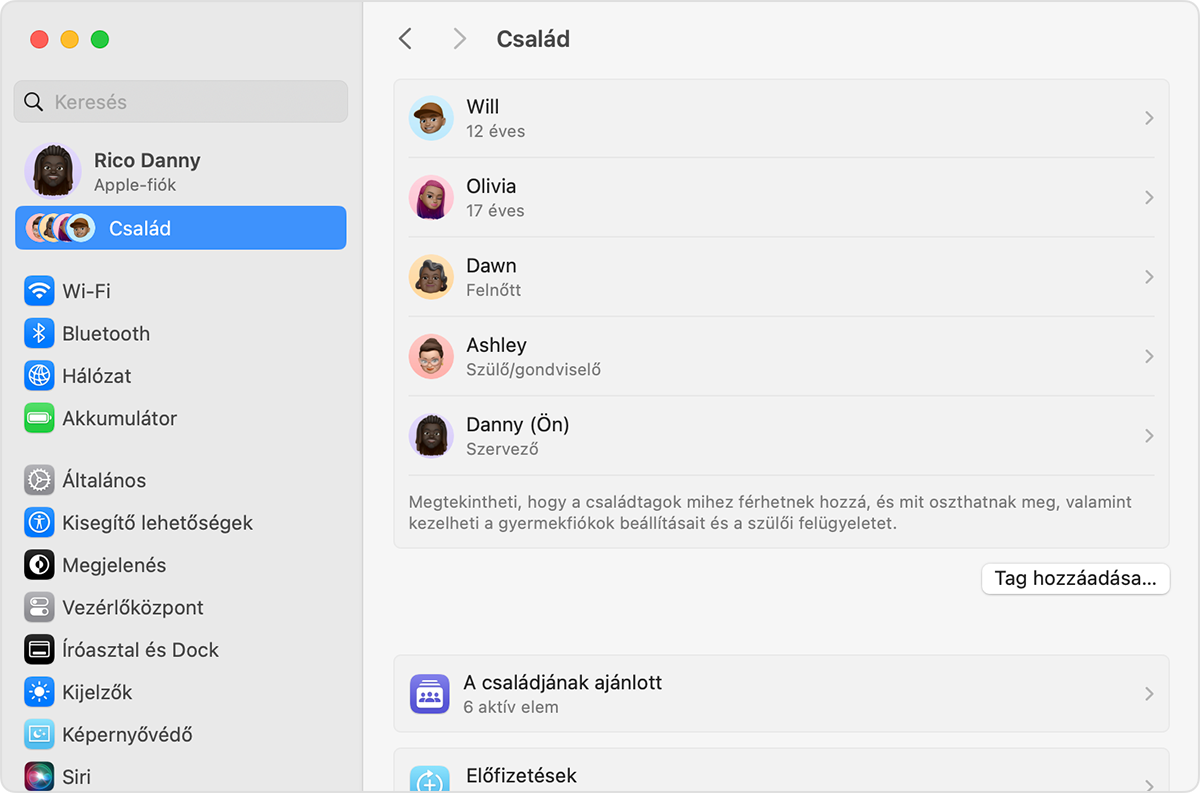 Mac Rendszerbeállítások, ahol a Családi beállítások láthatók, a Tag hozzáadása gombot is ideértve