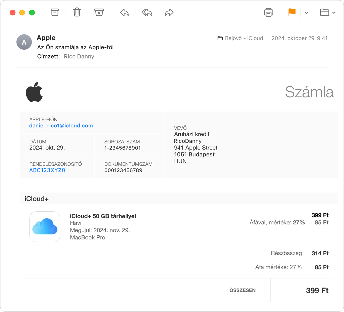 Egy kép, amelyen egy Apple-bizonylat látható az iCloud Mail bejövő postafiókjában.