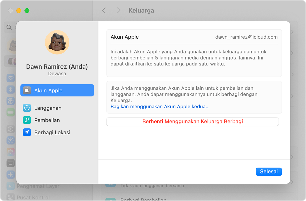 Layar Mac menampilkan langkah untuk berhenti menggunakan Keluarga Berbagi.