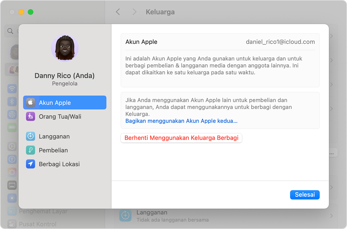 Layar Mac menampilkan langkah untuk membubarkan grup Keluarga Berbagi.