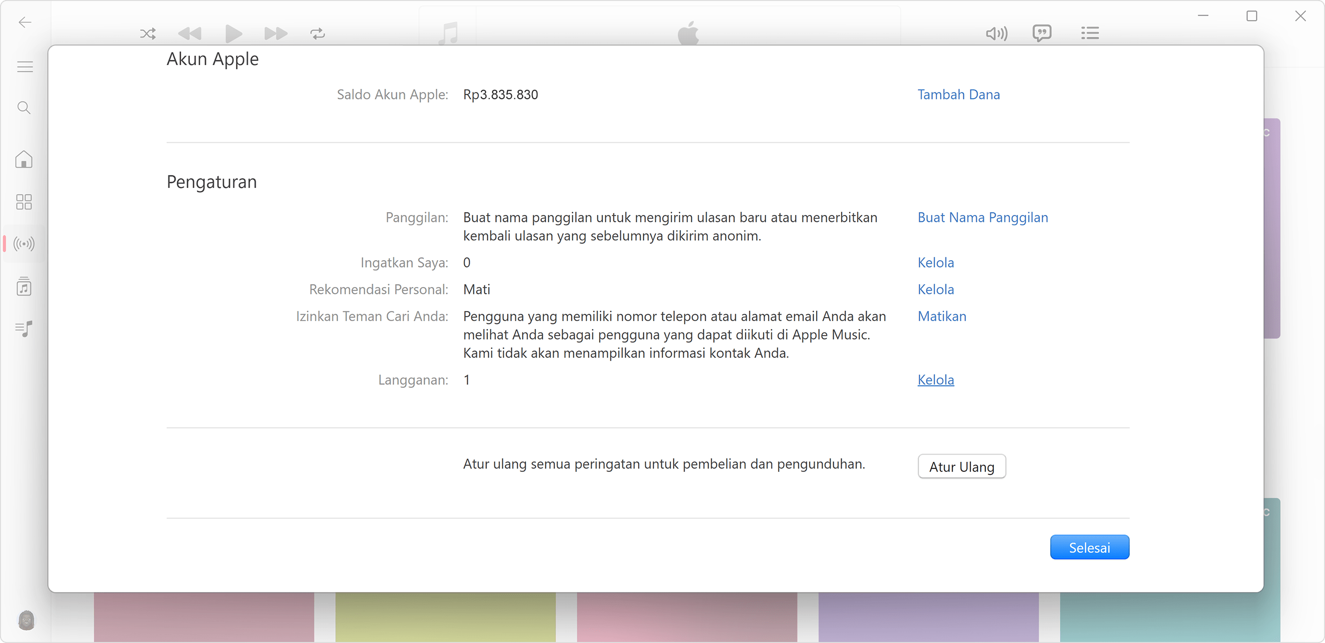Pengaturan Akun Apple di app Apple Music untuk Windows.