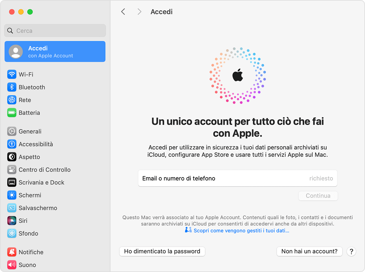 Schermata Mac che mostra il pulsante per Non hai un account?