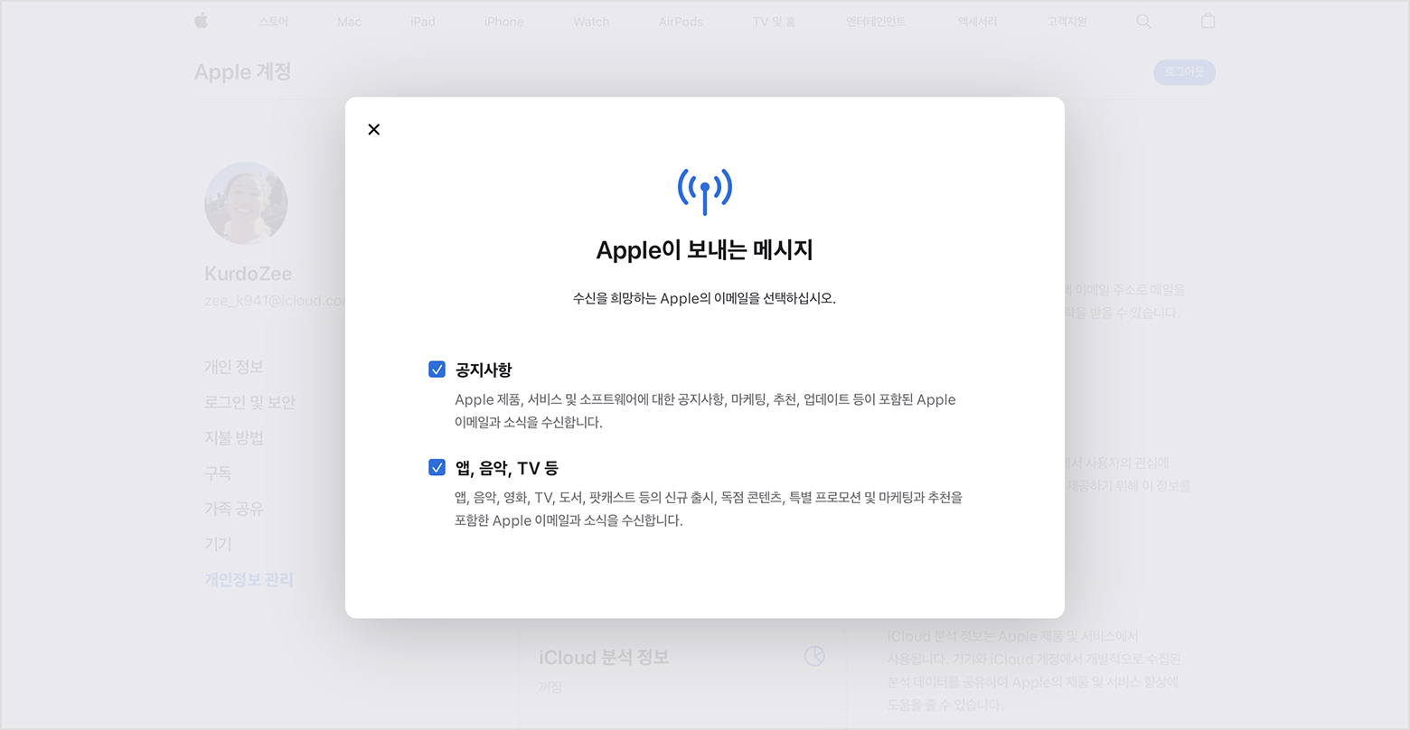 구독할 수 있는 이메일 유형이 표시된 Apple 계정 웹 사이트