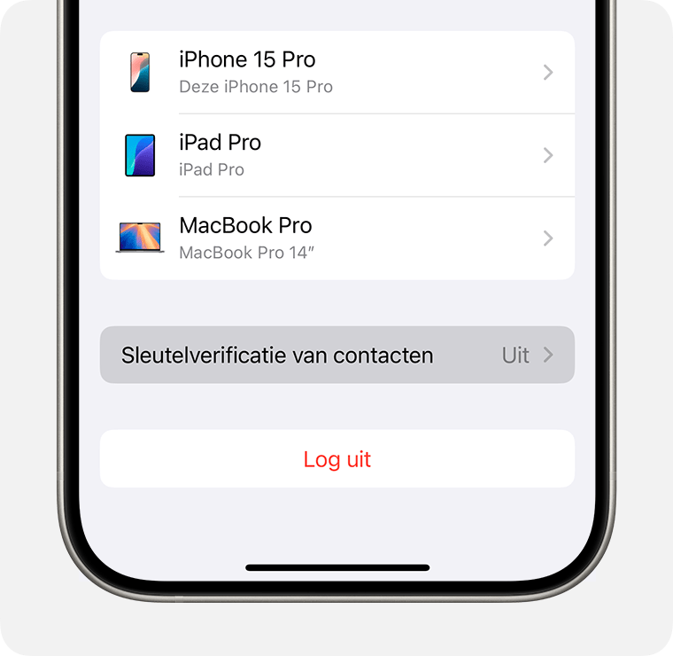 Schakel in iPhone-instellingen 'Sleutelverificatie van contacten' in.