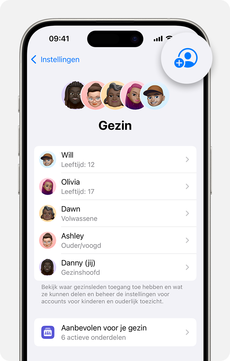 iPhone-instellingen met gezinsinstellingen, met de knop 'Voeg gezinslid toe' gemarkeerd