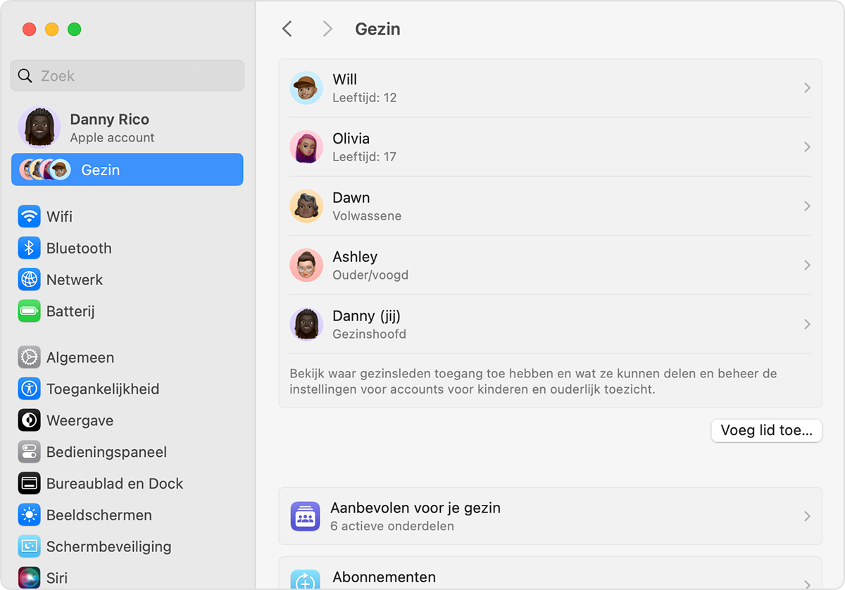 Systeeminstellingen van de Mac met Gezinsinstellingen, inclusief de knop om een gezinslid toe te voegen