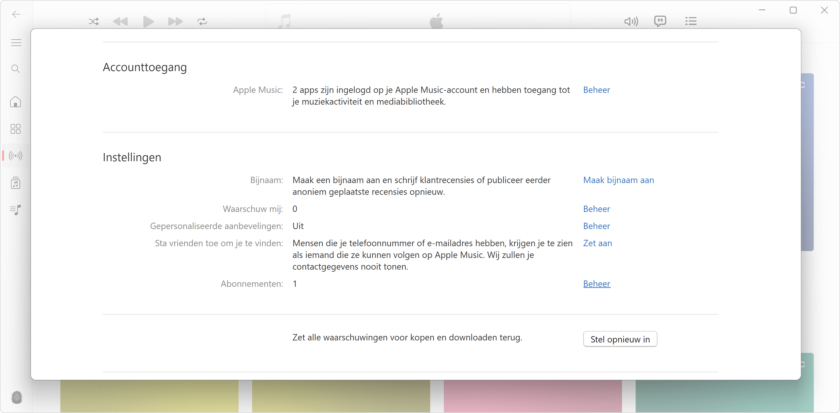 Apple Account-instellingen in Apple Music-app voor Windows.