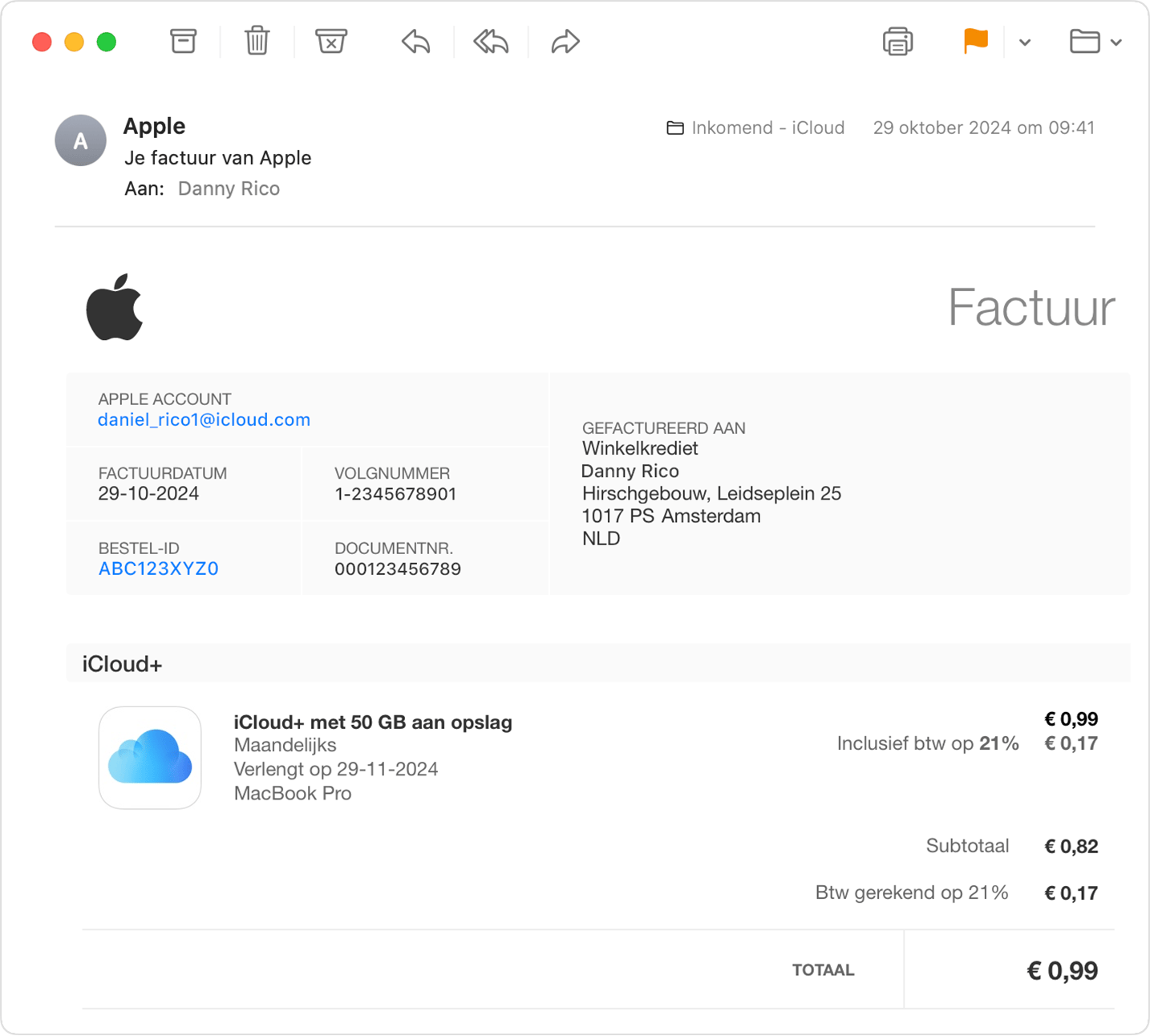 Ontvangstbewijs per e-mail van Apple. De Apple Account die aan de aankoop is gekoppeld, wordt weergegeven met factuurgegevens.