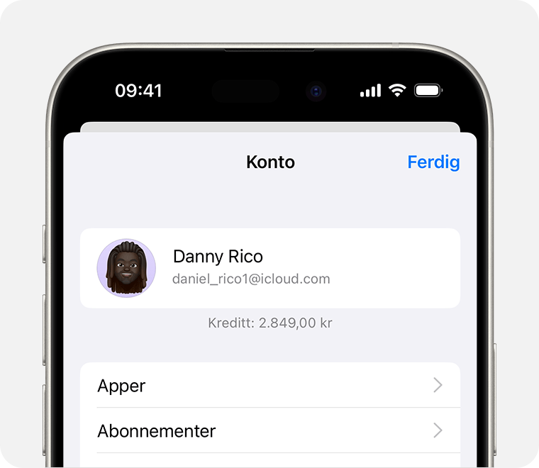 Konto-skjermen i App Store på iOS, der kontosaldoen vises.