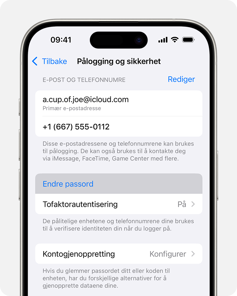 iPhone som viser påloggings- og sikkerhetsinnstillingene og muligheten til å endre passord