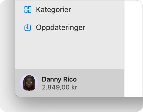 I App Store på macOS vises kontosaldoen nederst i sidepanelet.