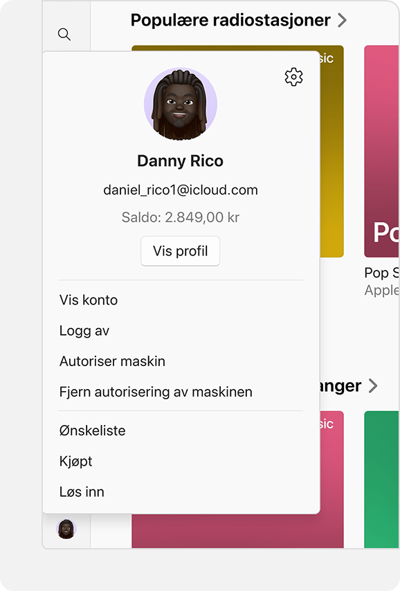 Konto-menyen i Apple Music for Windows, der kontosaldoen vises.