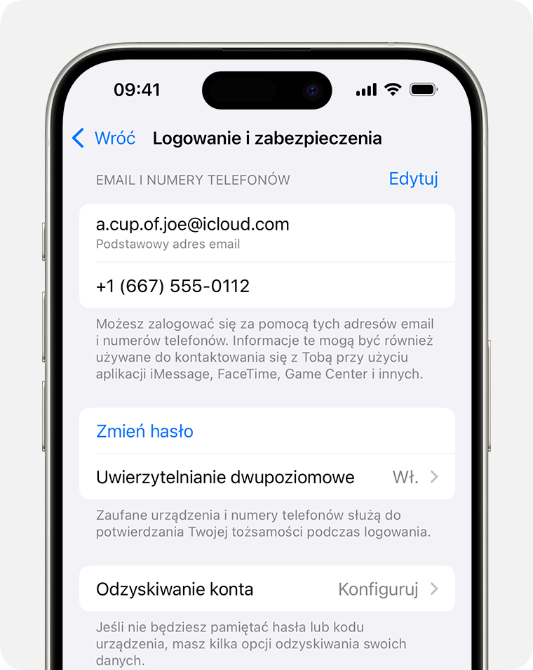 W ustawieniach konta Apple znajdź adresy e-mail i numery telefonów, których możesz użyć do zalogowania się na konto Apple