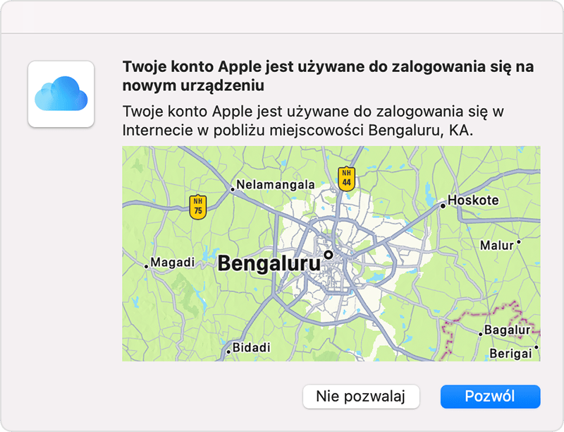 Mapa z wyraźnie zaznaczonym Waszyngtonem. Podpis wskazuje, że konto Apple jest używane do logowania się w sieci w pobliżu Ashburn w stanie Wirginia.