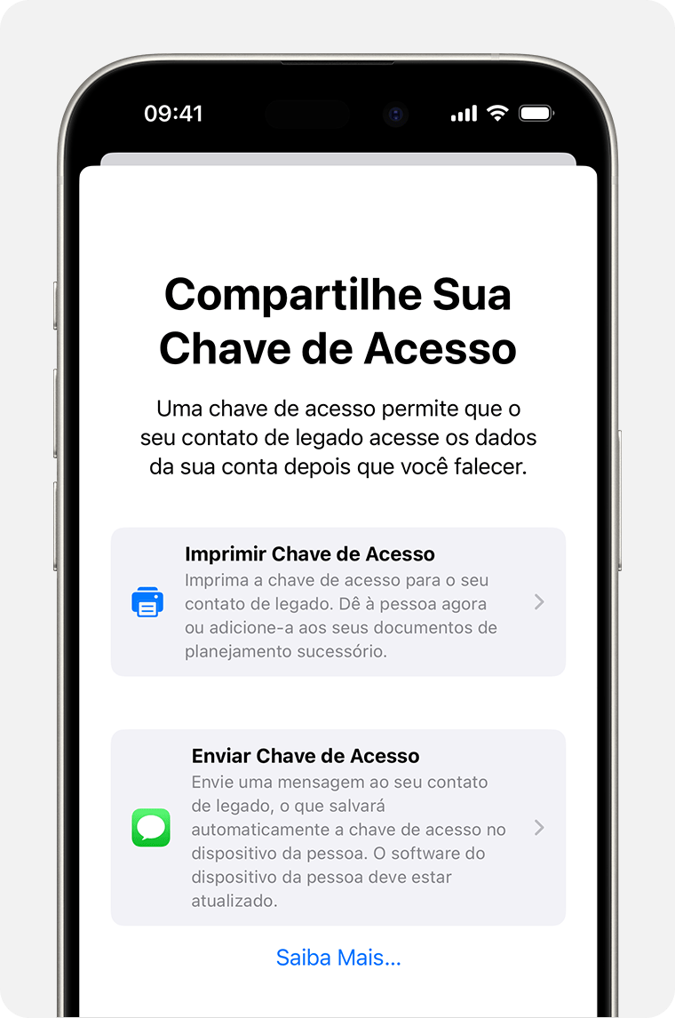 iPhone mostrando opções de como compartilhar uma Chave de Acesso com um Contato de Legado