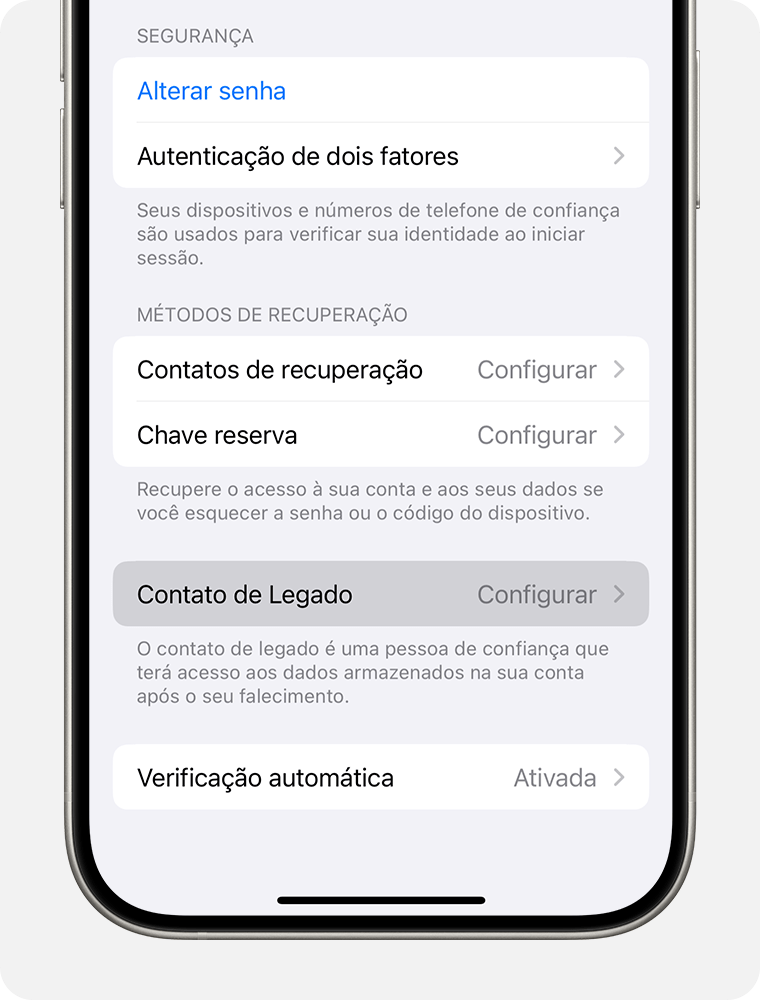 iPhone mostrando como adicionar um Contato de Legado