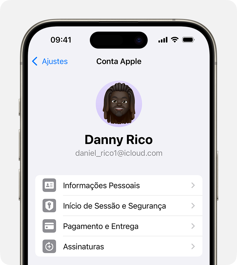 Ajustes da Conta Apple no app Ajustes do iPhone.