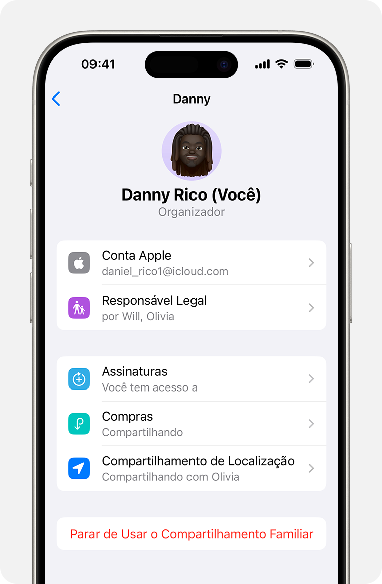 Tela do iPhone mostrando a etapa de dissolver um grupo de Compartilhamento Familiar.