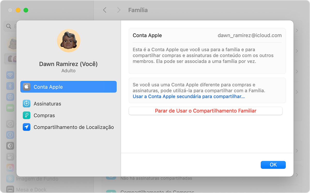Tela do Mac mostrando a etapa necessária para parar de usar o Compartilhamento Familiar.