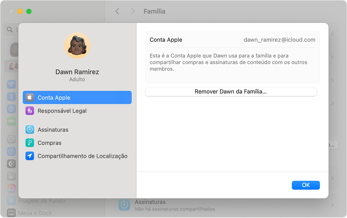 Tela do Mac mostrando a etapa de remover alguém do grupo de Compartilhamento Familiar.